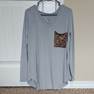 Gray V-Neck Top with Leopard Pocket
